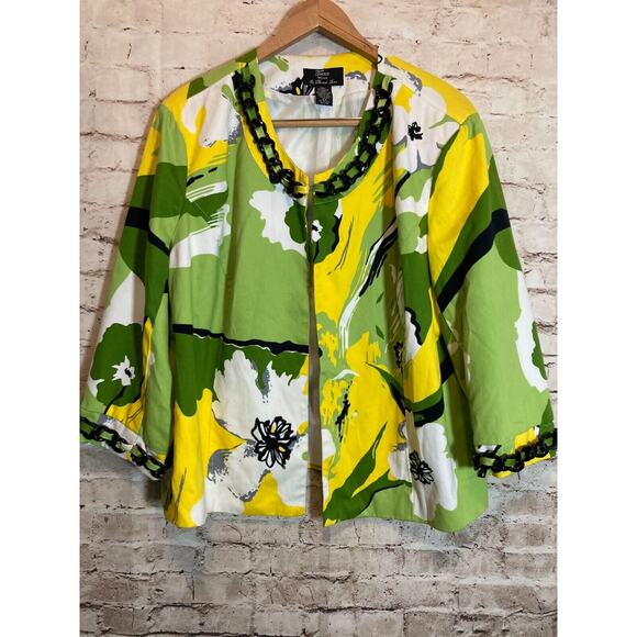 Trenz by Theresa Renz Blazer Jacket Womens 2X Yellow & Green Open Front Floral - Picture 1 of 12